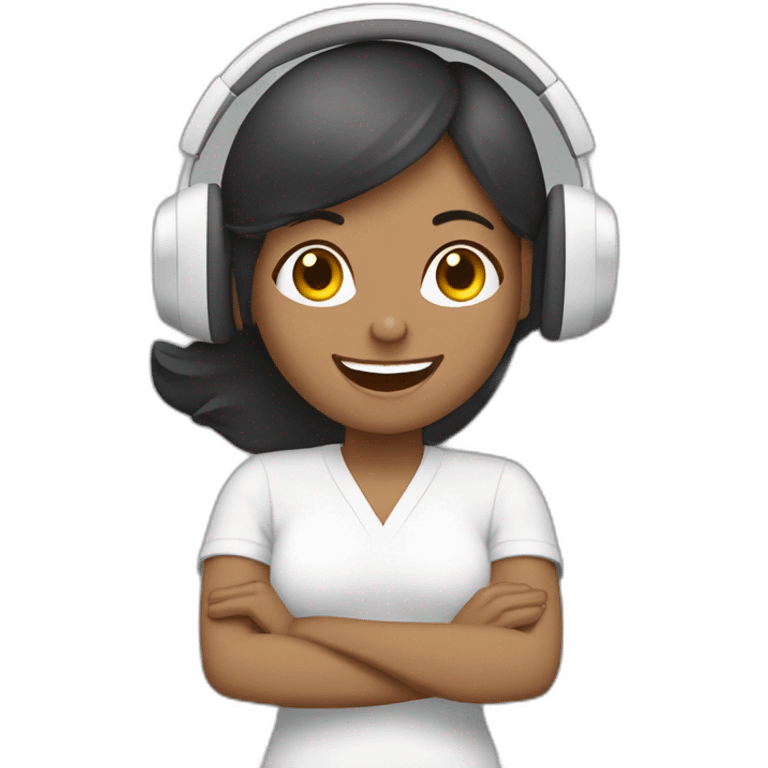 Mujer feliz con audifonos blancos con las manos arriba emoji