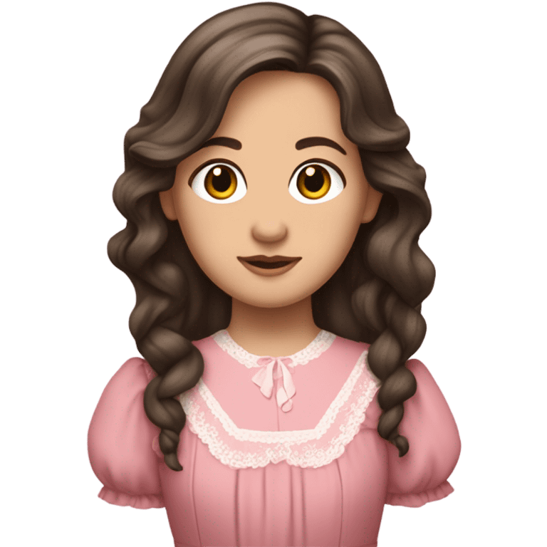 Carrie Ingalls pretty with very long dark brown wavy hair realistic and detailed wearing a pink dress emoji