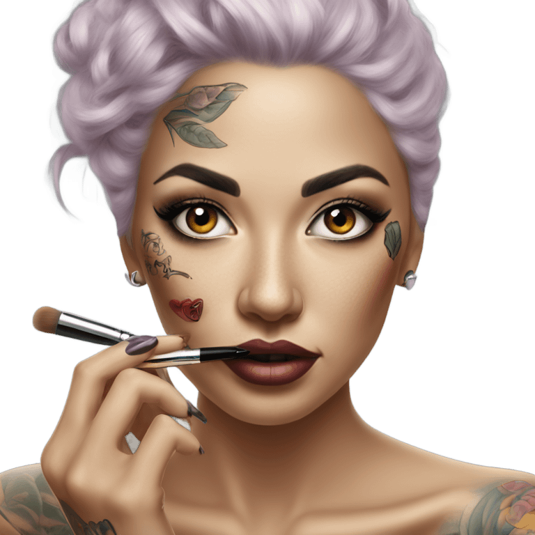 Hyper Realistic Beautiful tattooed woman applying her makeup emoji