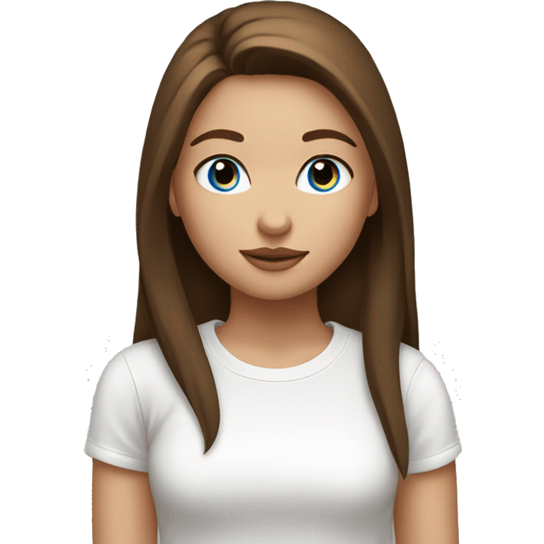 A girl with long straight brown hair and blue eyes and plump lips in a white T-shirt emoji