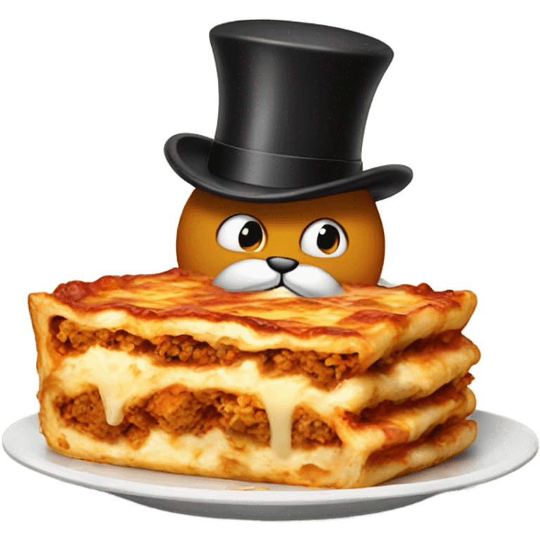 Garfield eating lasagna with a top hat emoji