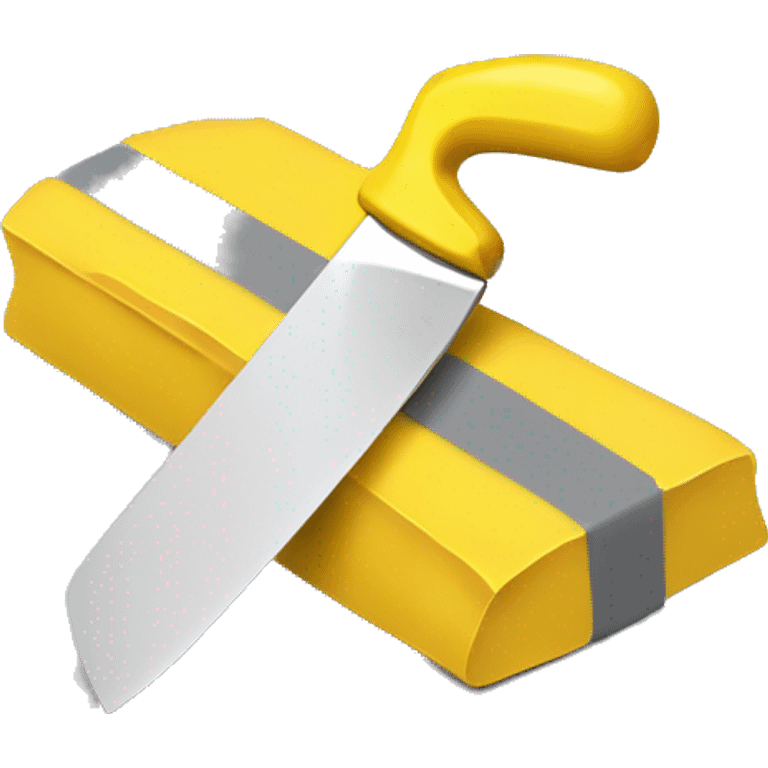 a yellow putty knife laying on top of a stack of gray tape. emoji