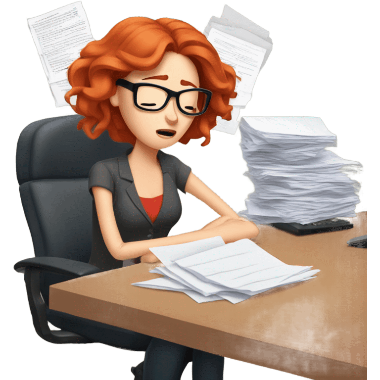 red hair woman wearing glasses sleeping frustrated desk monitor stack paper emoji