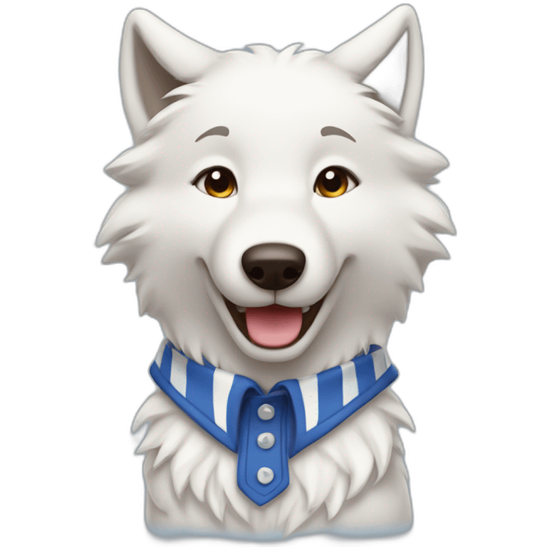 a happy white wolf wearing a horizontal blue stripe sailor shirt emoji