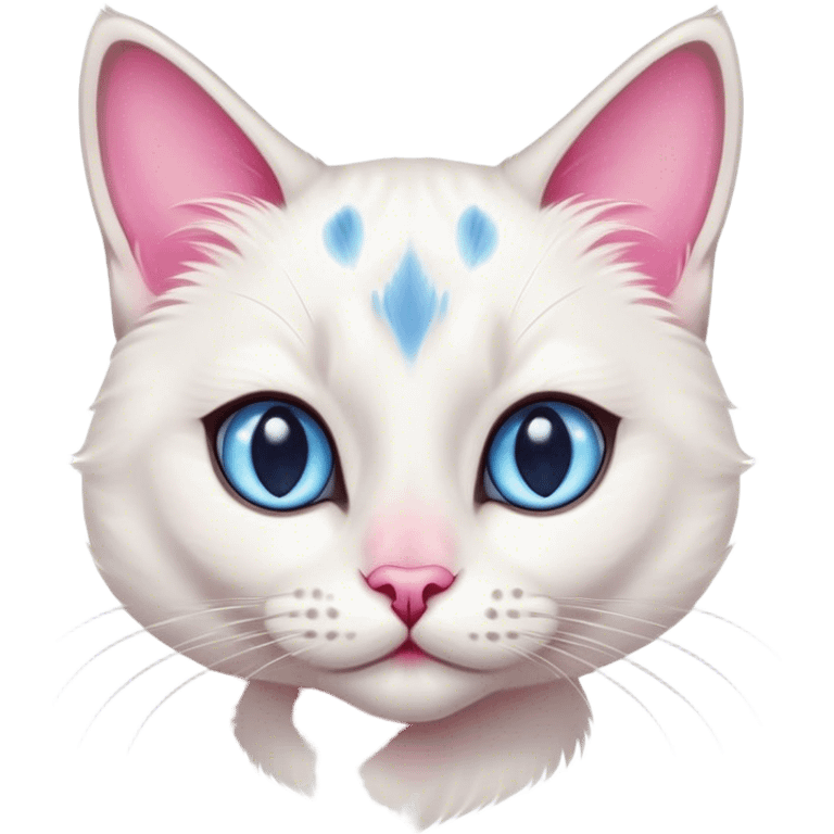 White female cat with Siamese features, pink nose, blue eyes and grey and pink spots emoji