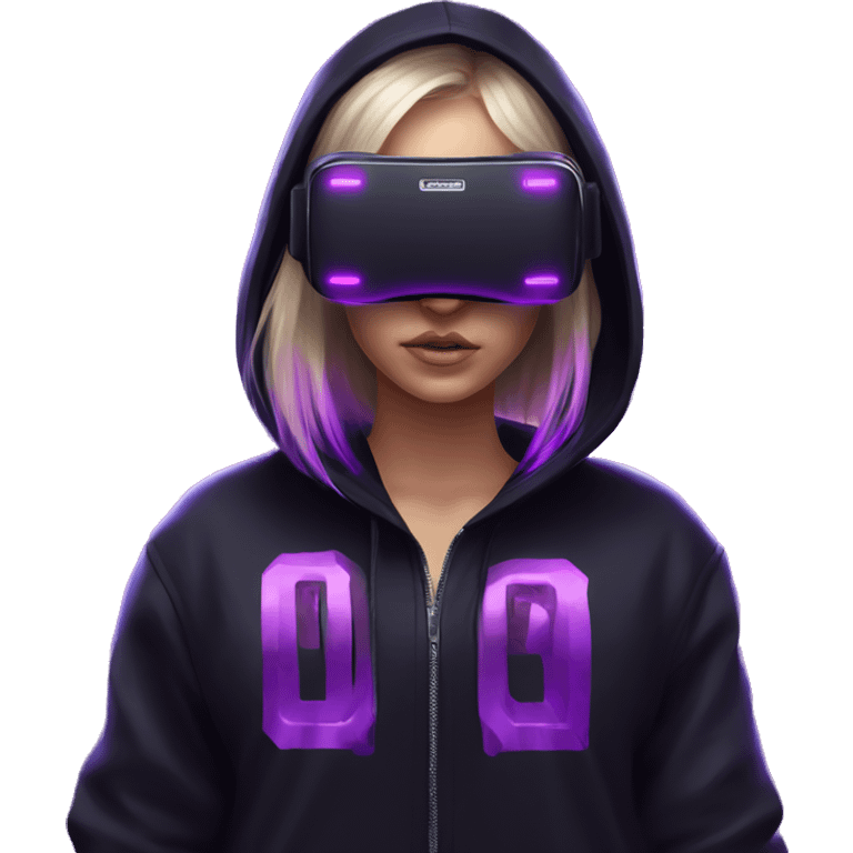 Russian girl wearing black hoody with violet letters "OMG", in vr headset. Cyberpunk style. Violet neon. emoji