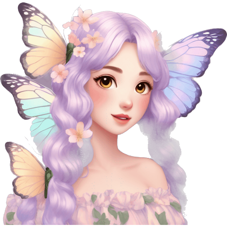 Gorgeous Shiny Pastel Anime-Style Lady Butterflies flower petals leaves cottage core pastelcore kawaii aesthetic trending style emoji