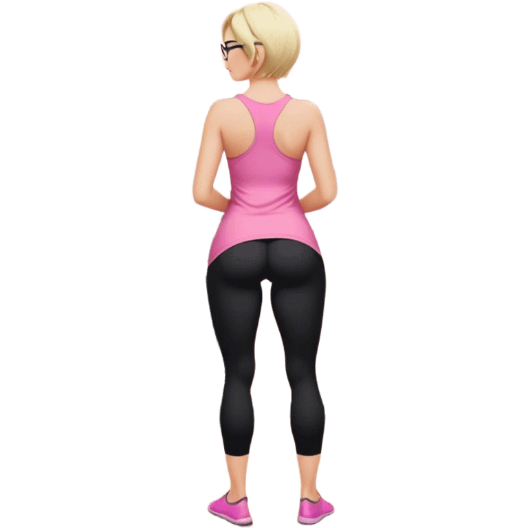 View from knees up, view from the back, fair skinned woman, curvy, short blond hair, small reading glasses, cooking dinner in kitchen, pink loose tank top, showing natural B cup breast shape SFW, black yoga pants, large curvy booty emoji