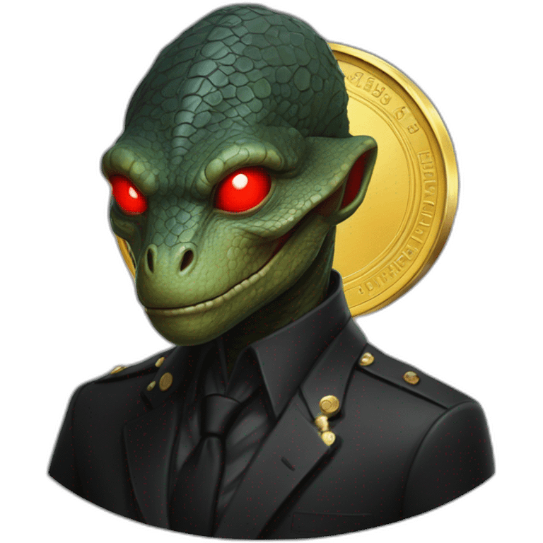 Reptilian in black suite with red laser eyes on a golden coin emoji