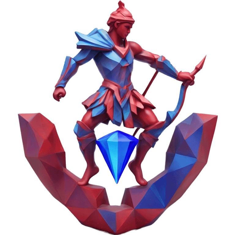 A Sagittarius sculpture with a geometric, faceted design. The Sagittarius is standing upright with angular and baroque features. The vibrant red with blue accent flame colors highlights the sharp edges and planes. emoji