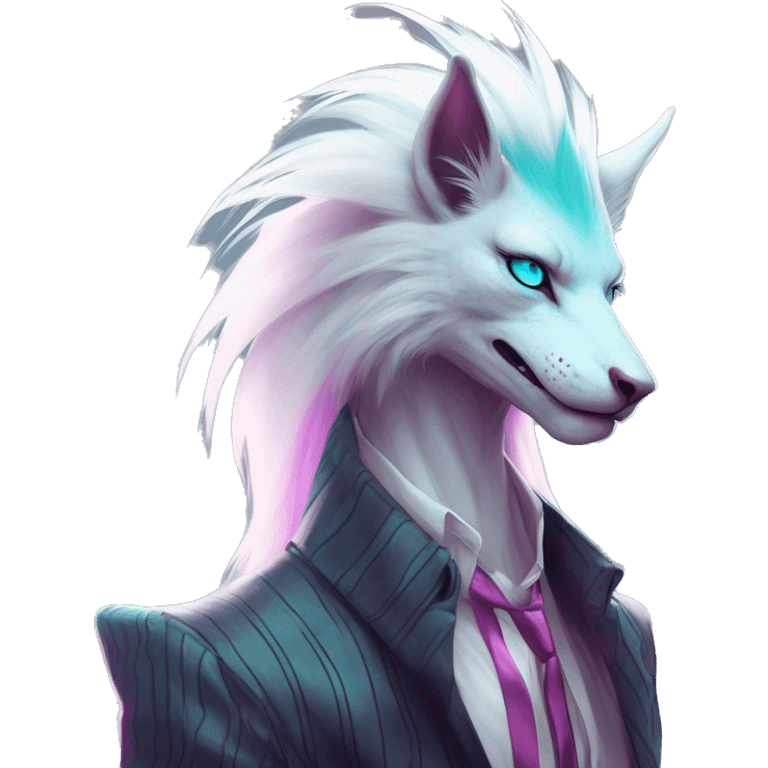 White badass elegant wild beautiful natural cute badass epic anthro modern albino sergal-vernid-creature with cyan mane and magenta eyes with cyan edgy stripes, full body, blue pretty hair, outside, modern, aesthetic, art by LiLaiRa, art by art by Falvie emoji