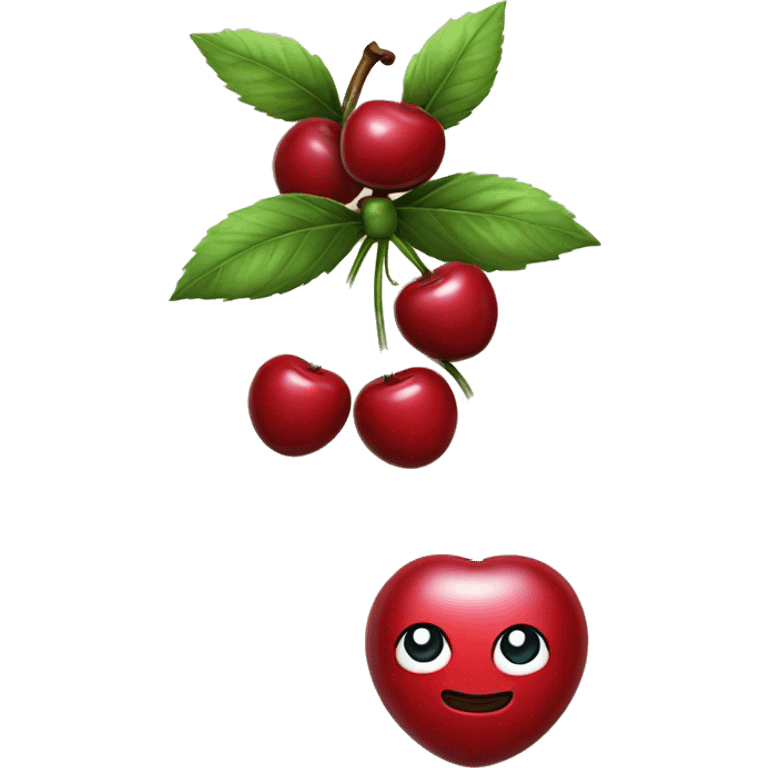 An emoji of two cherries hanging from a ribbon bow, with the cherries dangling below the tied bow emoji