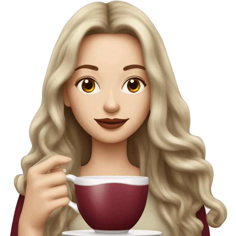 Beautiful burgundy long haired woman sipping tea emoji