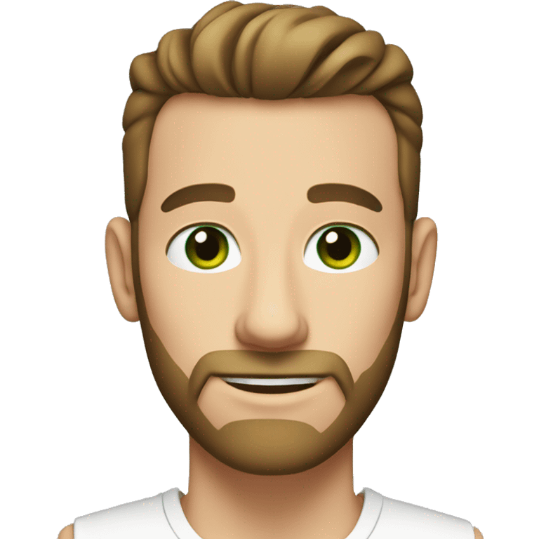 white man with short beard and a top knot brown hair. green eyes. slightly smiling. emoji