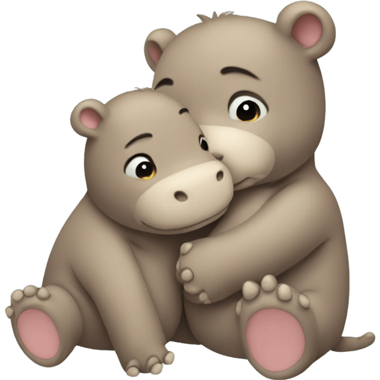 tan teddy bear hugging a baby hippo emoji