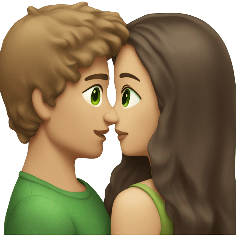 light brown hair guy with green eyes kissing girl with dark brown hair and brown eyes emoji