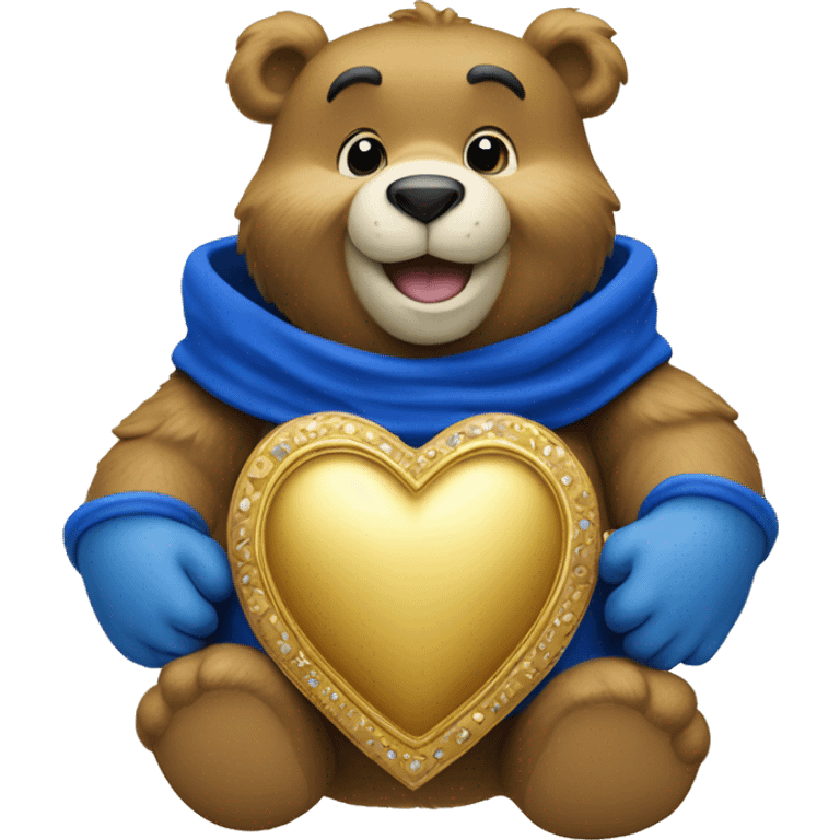 A care bear hold a royal blue and gold heart emoji