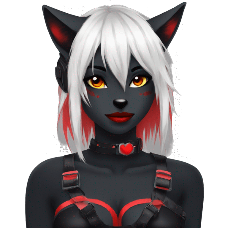 Anthro Edgy Cool Beautiful Black Cat-Fursona with Emo Hair-bangs with Red Streaks Chest Harness emoji