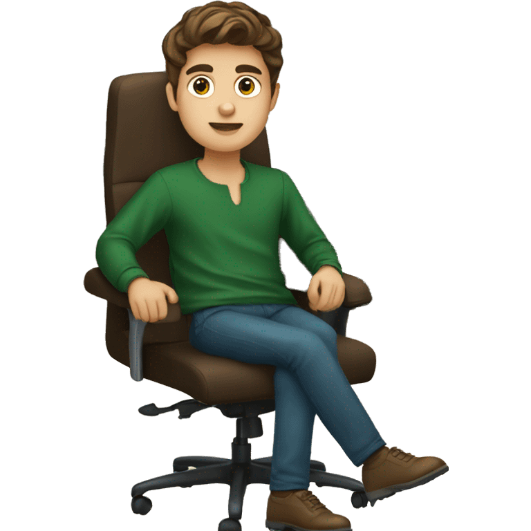 brown hair boy with dark green oversize shirt sitting in office chair emoji