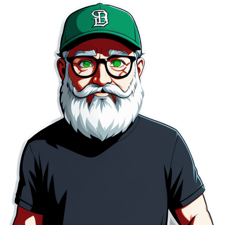 A bold man with a grey baseball cap, green eyes, big beard and glasses, waving  emoji