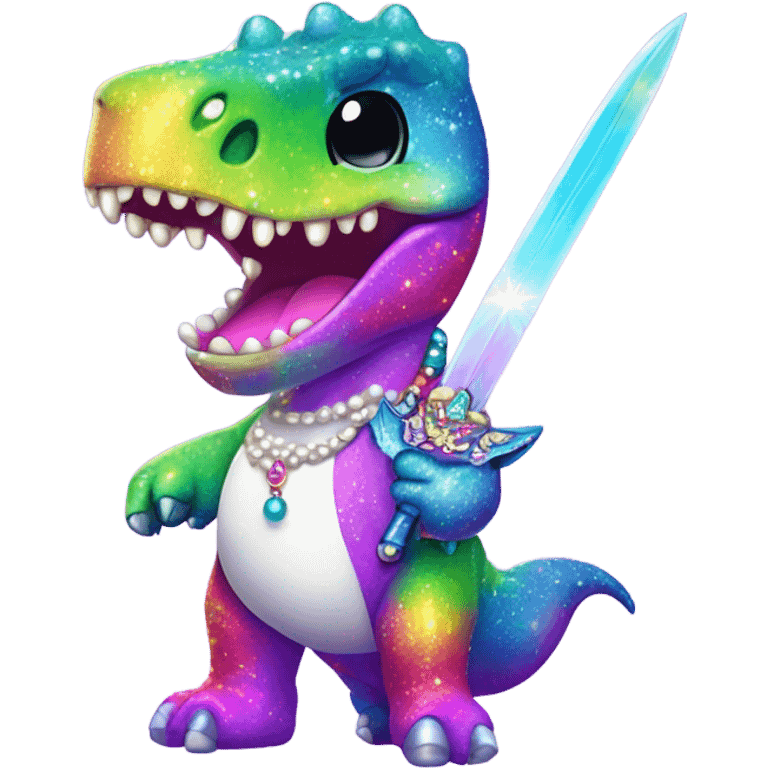 Lisa frank glitter rainbow cute dinosaur with sword and pearls emoji