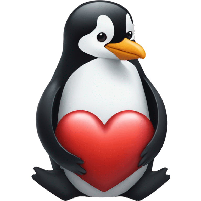 Penguin sitting downhugging a heart emoji