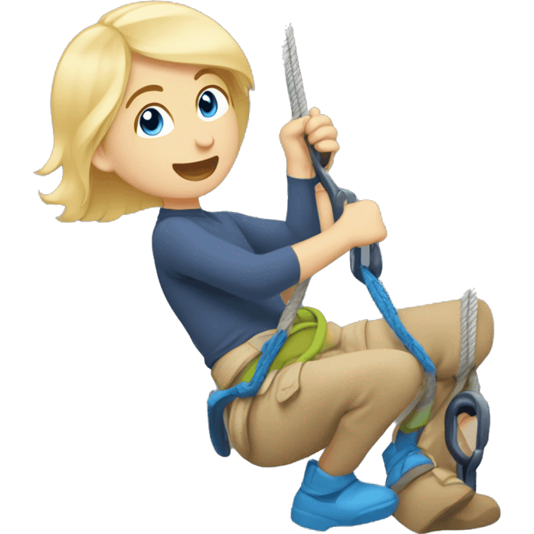 Blonde hair blue eyed boy climbing with a mixed girl belaying him emoji