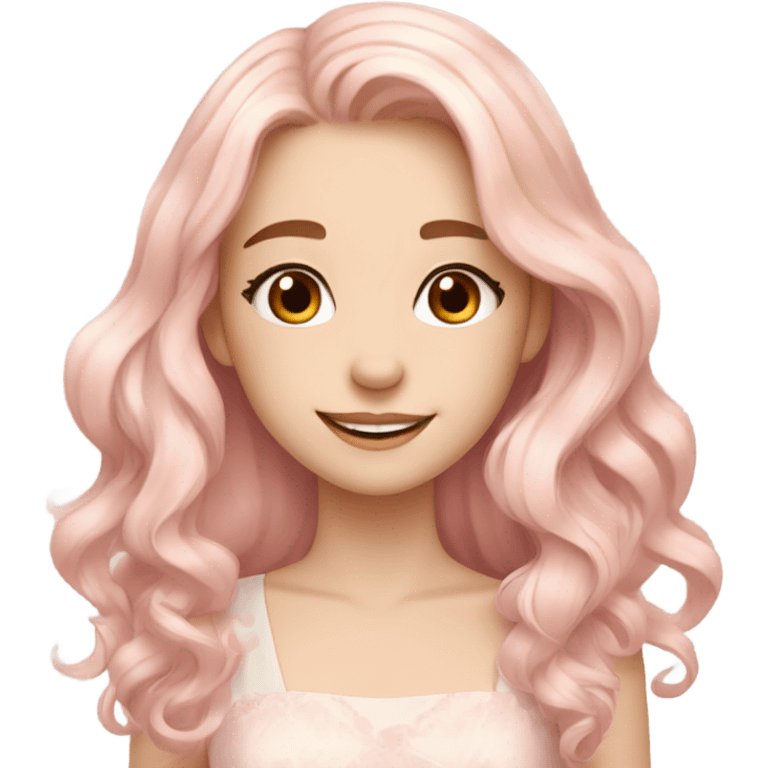 Pretty girl with long wavy light peachy pastel pink hair, pale skin, brown doe eyes, light makeup, smiling gently, beautiful, dress emoji