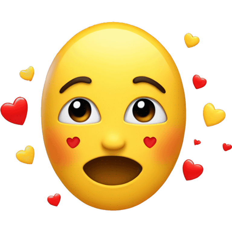 Regular yellow Emoji in love looking , blushing and red little hearts on the air emoji