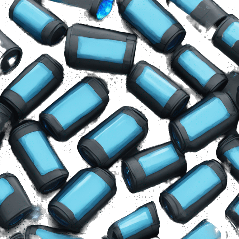 Futuristic tall thin narrow width rectangular military cannister colored matte black with blue rock crystals peeking out emoji