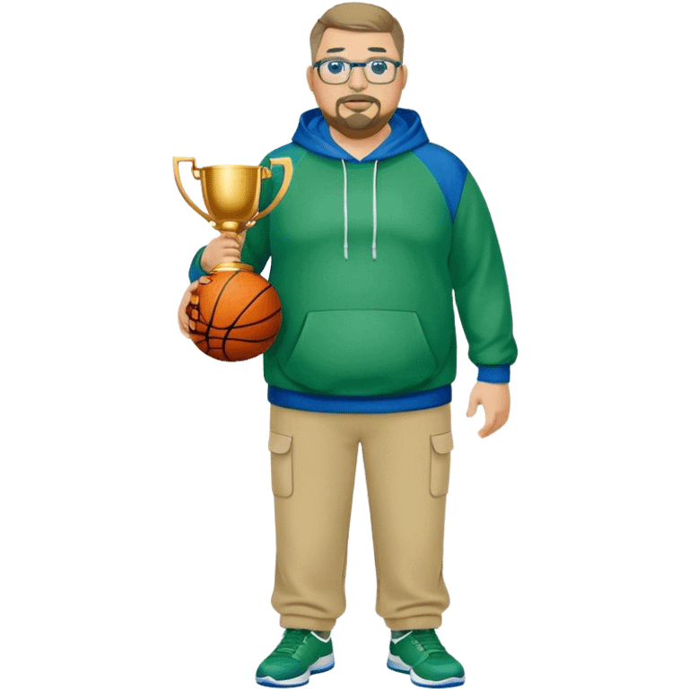 full body white obese male basketball coach with trophy. Goatee , Wearing glasses and blue and green hoodie and khaki pants emoji