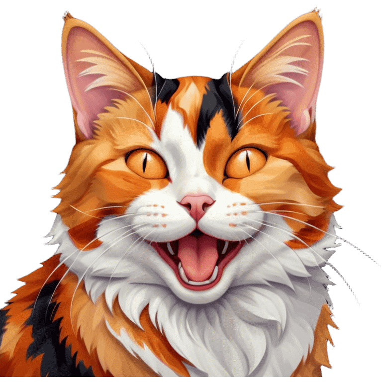 Cinematic Cute Yawning Calico Cat Portrait Emoji, Head tilted mid-yawn with a charming, relaxed expression, showcasing a soft patchwork fur of vibrant orange, black, and white, simplified yet irresistibly adorable, highly detailed, glowing with a cozy, gentle radiance, high shine, exuding sleepy yet endearing charm, styled with a soft glowing outline, capturing the essence of a calico cat caught in a delightful yawn that seems ready to cuddle up for a nap! emoji