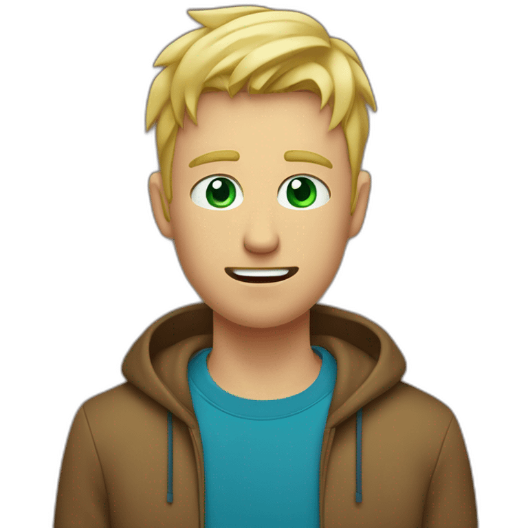 short haired blonde man with flushed face in a brown T-shirt, who has greeny blue eyes who is not smiling because he is flushing, his face is red, he is kinda confused emoji