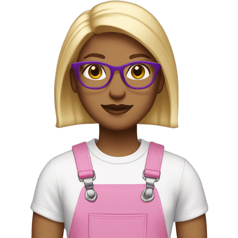 Create a feminine emoji: medium straight light blonde hair, brown eyes, glasses with purple cat-eye frames, pink overalls and white t-shirt. emoji