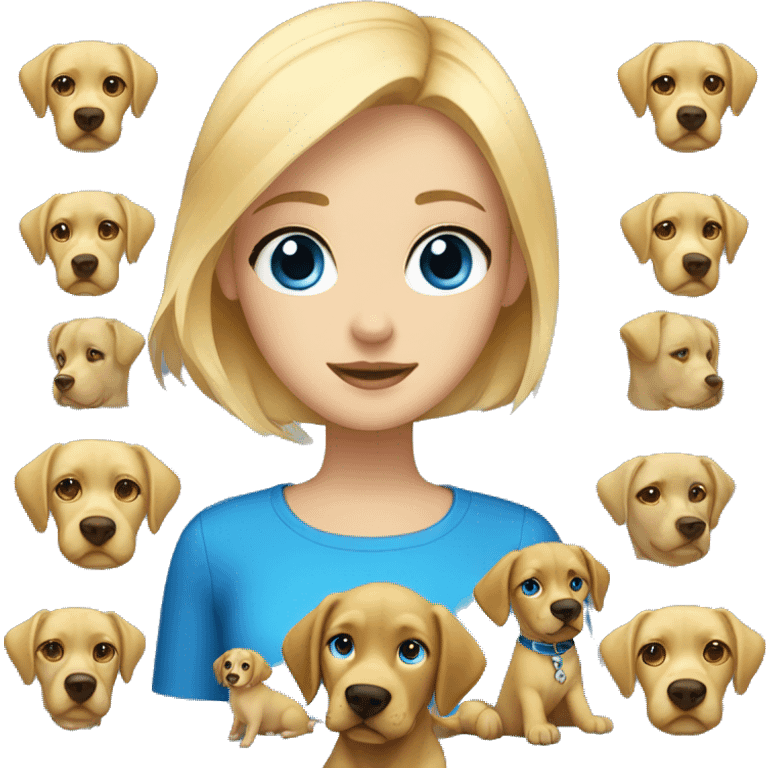 Blonde girl with blue eyes with a golden Labrador with a blue collar emoji