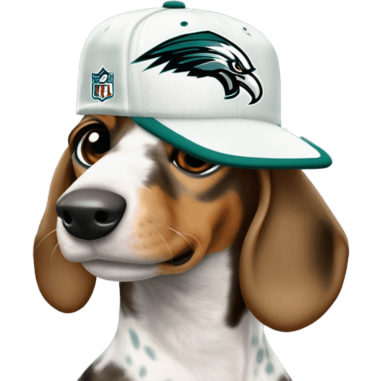 Miniature Tri Merle Light Brown Spotted Dachshund wearing Philadelphia Eagles Hat with C on Jersey emoji