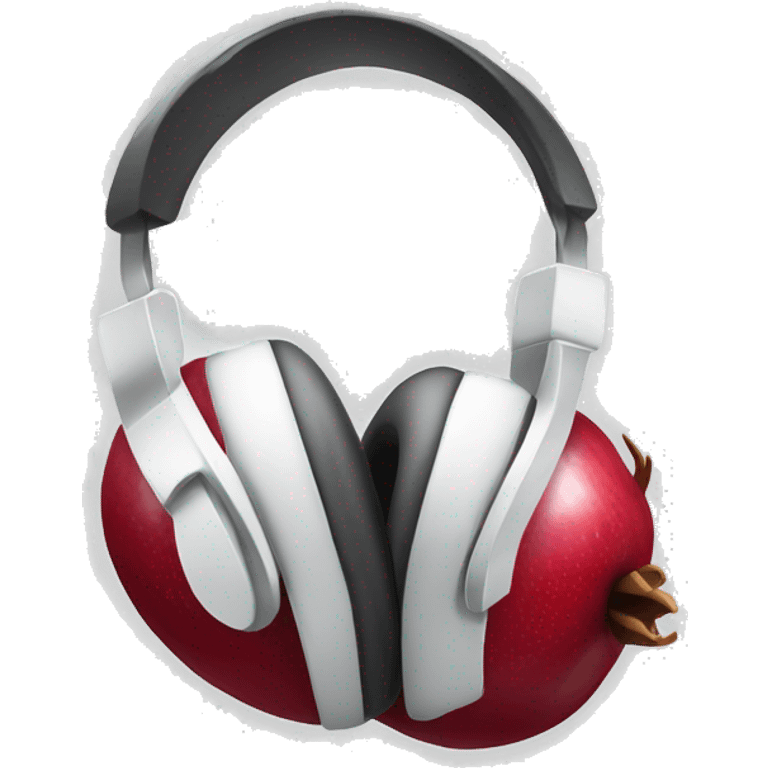 An IOS, Apple designed pomegranate emoji wearing headphones, facing to the right slightly. No face features. White background. Simple design. emoji