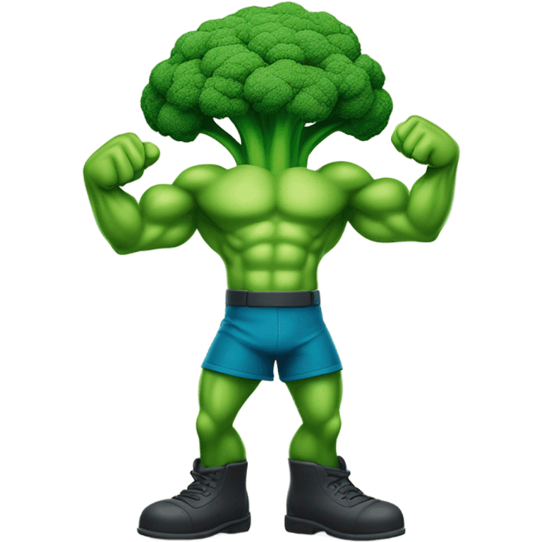 Generate a cartoonish broccoli emoji flexing its muscular arms with a confident smile. emoji