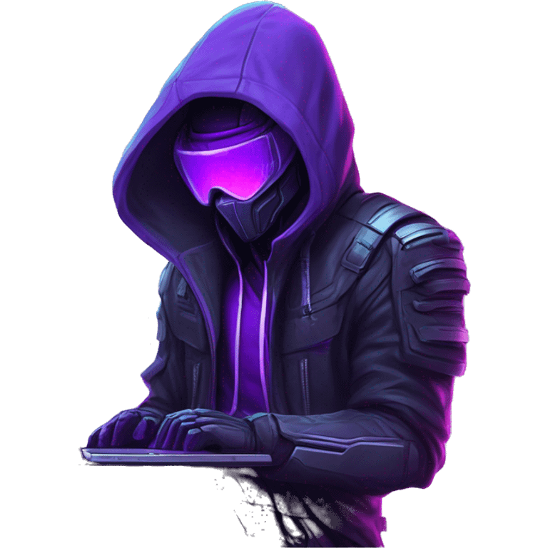 Side view developer behind his laptop with this style : crysis Cyberpunk Valorant neon glowing bright purple character purple violet black hooded assassin themed character emoji