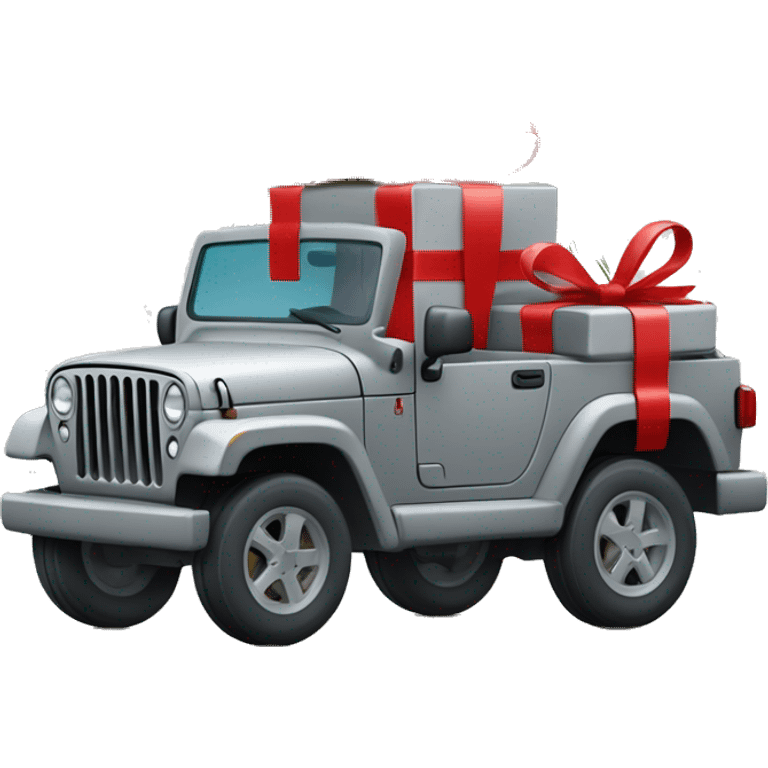 un emoji avec un sapin de noel et au pied un cadeau avec une jeep gris emoji