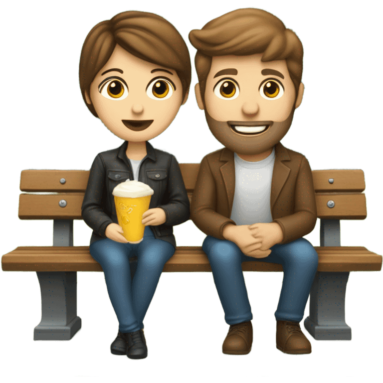 couple with white skin people and brown hair, sitting closely on a park bench, enjoying a romantic moment. One person is holding a croissant, and the other is holding a glass of Prosecco.  emoji