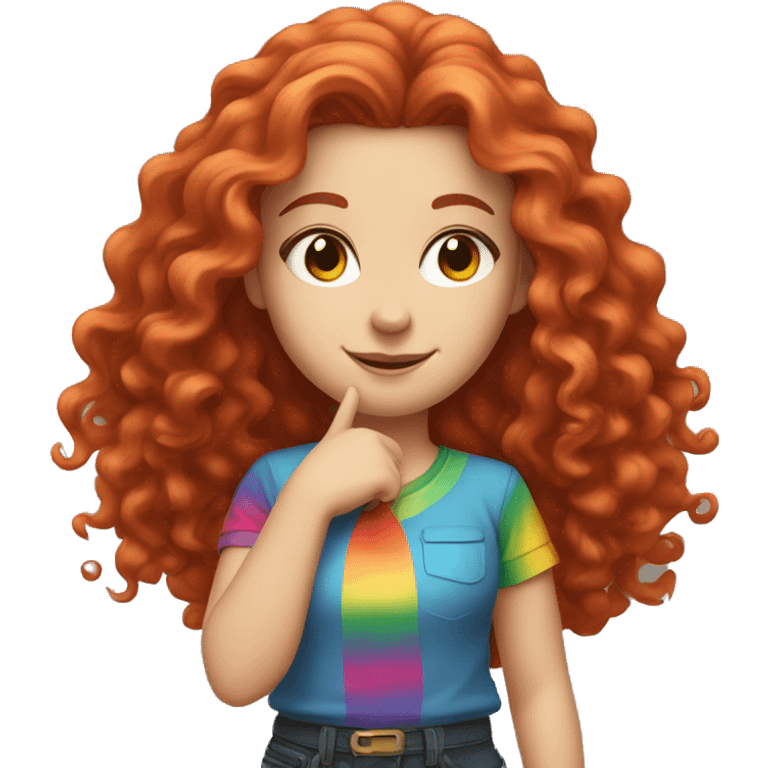 white girl with long red curly hair, wearing a rainbow shirt doing a pose emoji