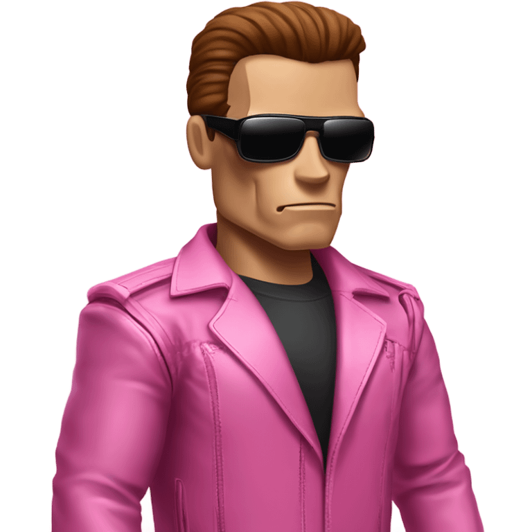 Schwarzenegger-like Terminator, upper body only, wearing his iconic clothes in pink (all clothes must be pink), looking more human with minimal robotic details, and wearing dark sunglasses. emoji