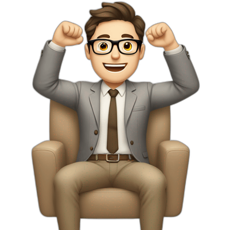 Joyful Celebrating victory Hands up Pale skinned Fit Man With dark brown hair in gray jacket, beige office shirt, Brown pants and vintage glasses sitting In a soft chair emoji