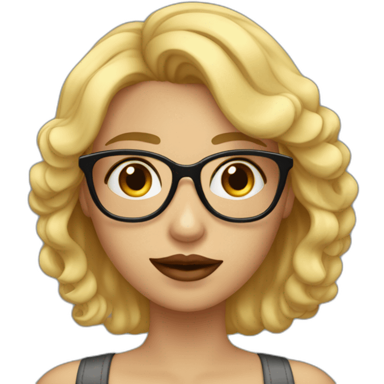 chica rubia con pelo ondulado, ojos azules, labios rojos y gafas negras emoji