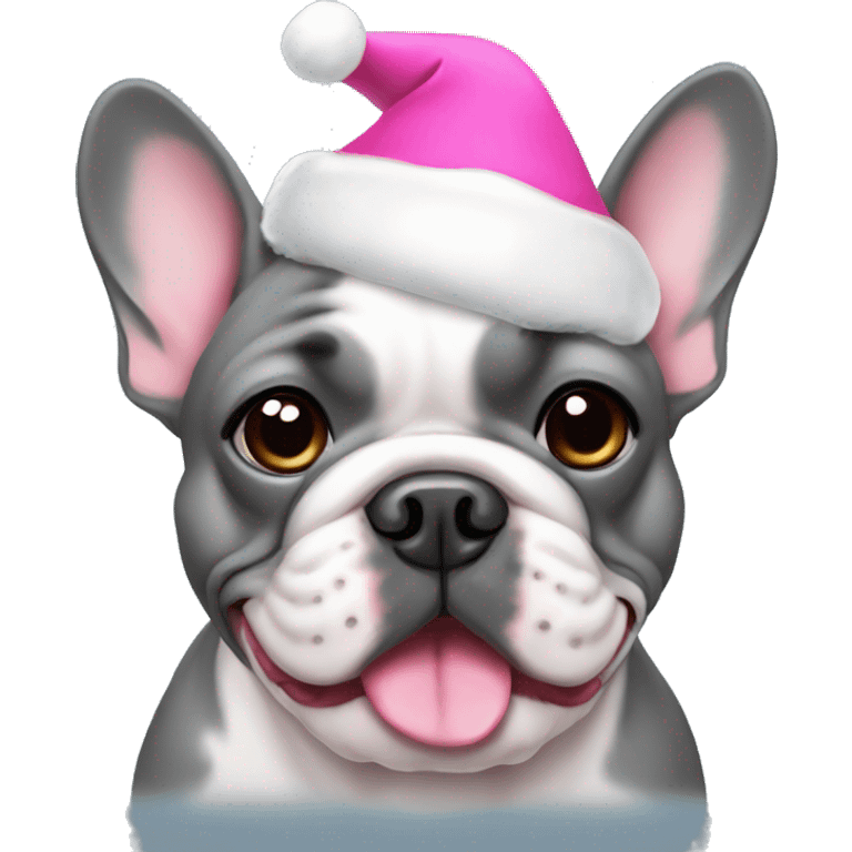 gray frenchie bulldog wearing pink Santa hat emoji