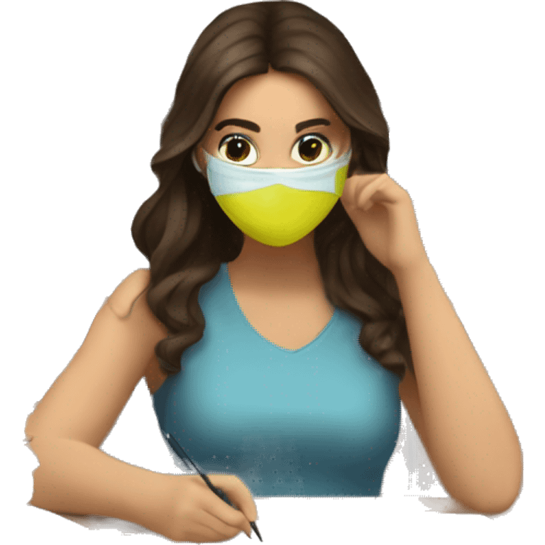 Brunette female studying textbooks with face mask on emoji