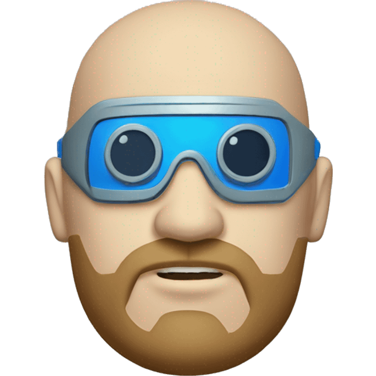 Bearded Fat bald cyborg head with tan skin, blue goggles and circuits emoji