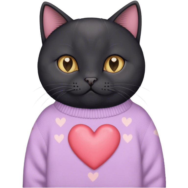 cute black british cat sitting 
 in a cute pastel sweater with hearts emoji