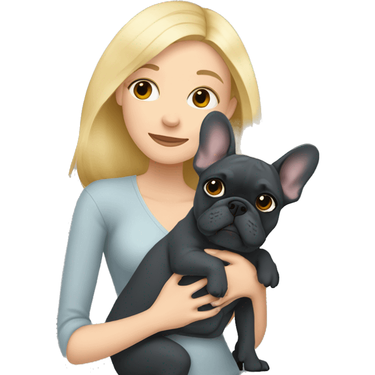 Blonde woman hugging dark gray french bulldog emoji